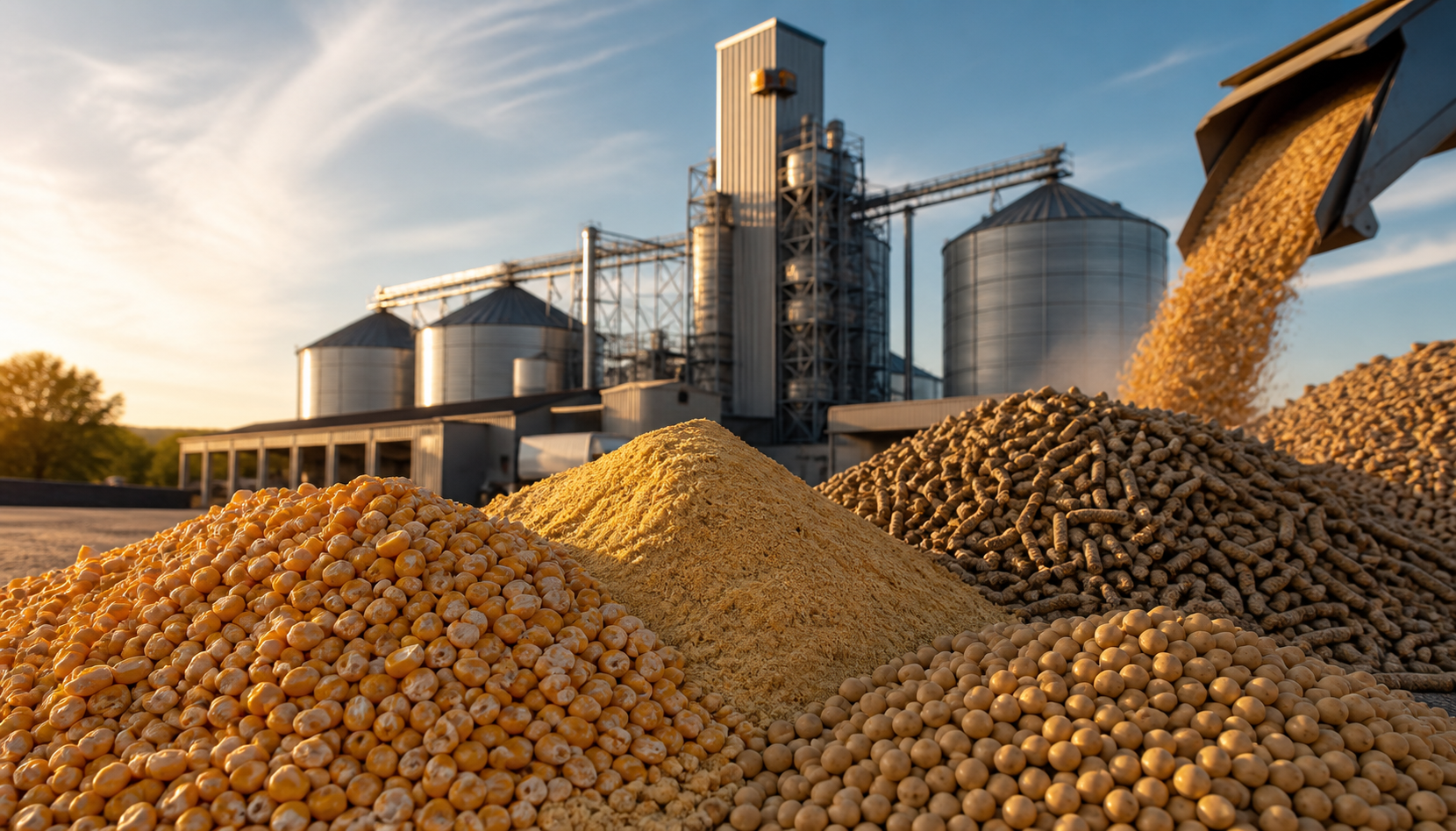 Animal feed commodities with grain silos